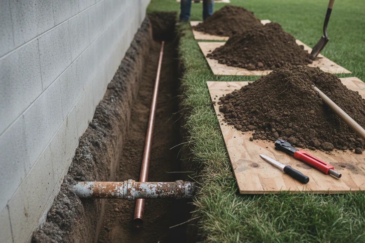 Excavated water line trench during Sewer Line Repair in Oak Park